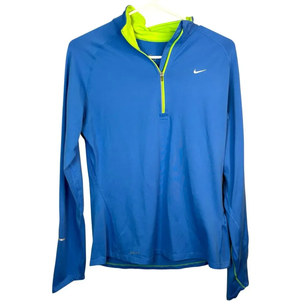 Nike Athletic Dri-Fit Quarter Zip‎ Shirt M  Reflective Trim Blue Lime Green